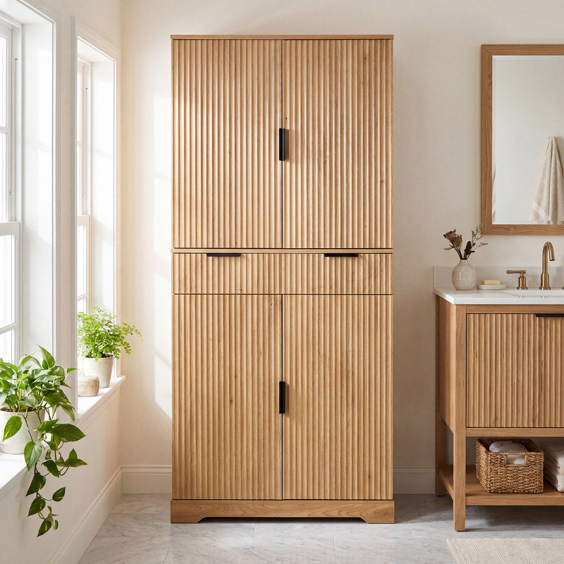 72in Fluted Kitchen Pantry Cabinet W 3 Keyboard Drawers & 6 Door Shelves Adjustable, Freestanding Cupboard Storage Cabinet For Bathroom Dining Room Office Entryway, Oak