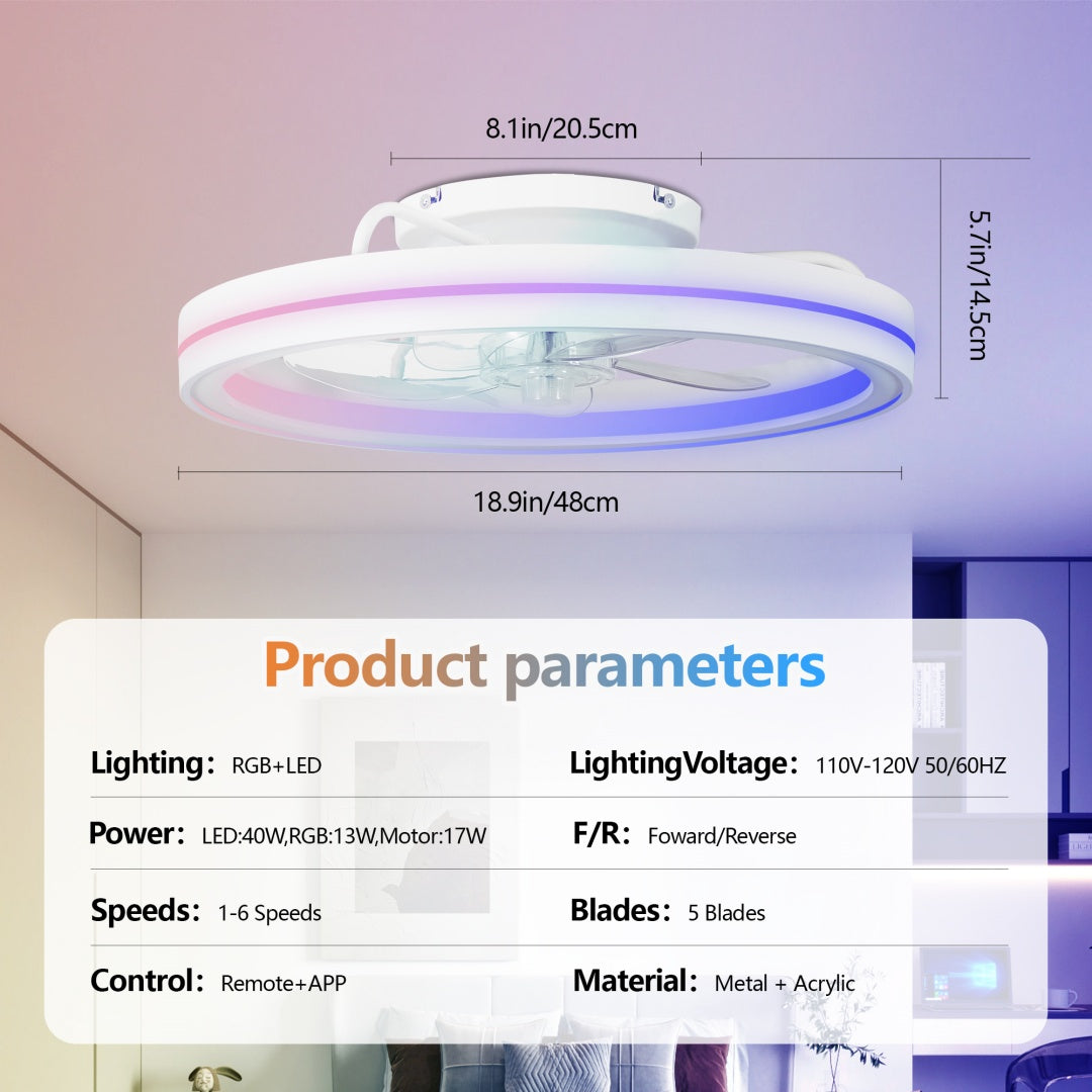 RGB Ceiling Fans With Lights, 19in Smart LED Ceiling Fan With Remote APP Control, Modern Low Profile Bladeless Chandelier Fan, Dimmable White Fandelier For Bedroom, Living Room, Kitchen