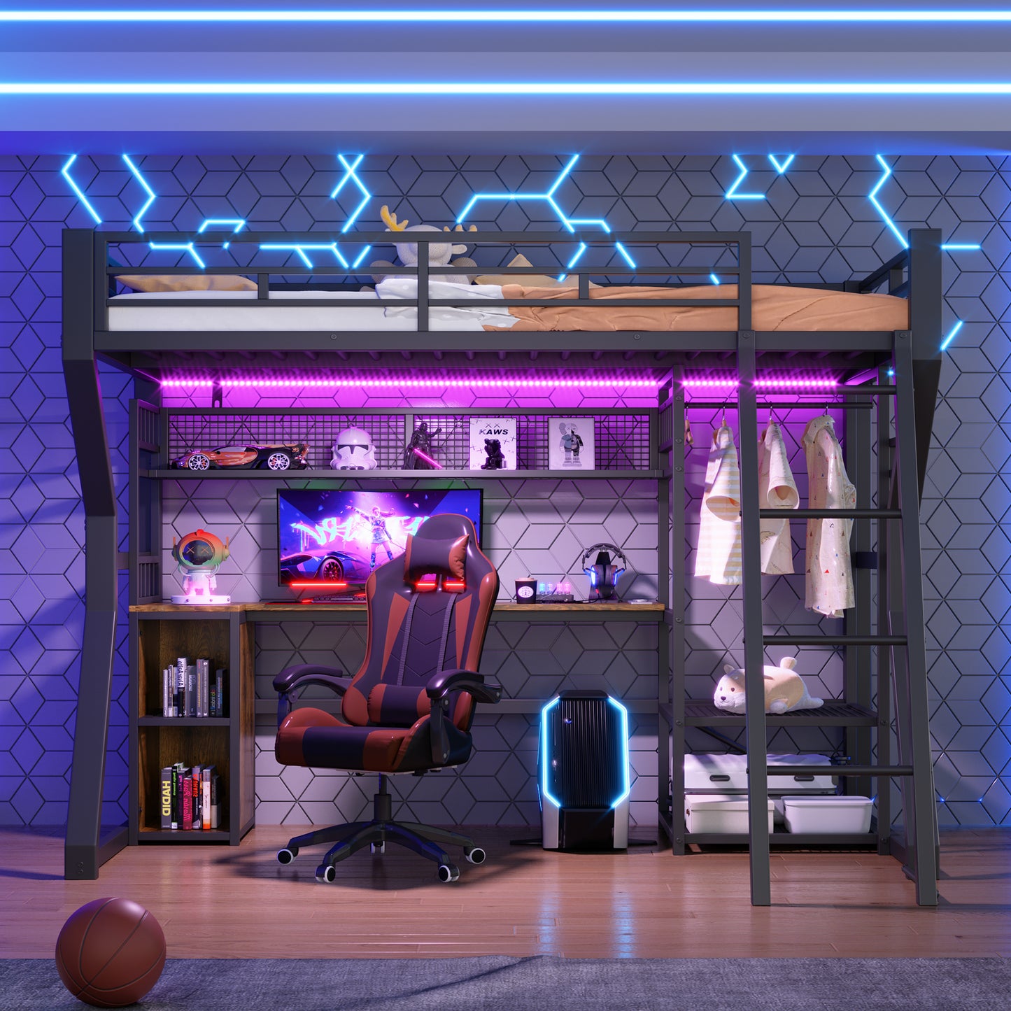 Loft Bed, 90 X 200 Cm, Iron Frame, With Light Strip, Socket, Clothes Hanging Area, Desk, Storage Compartments, Shelves, Open Space Under The Bed, Without Mattress, Black