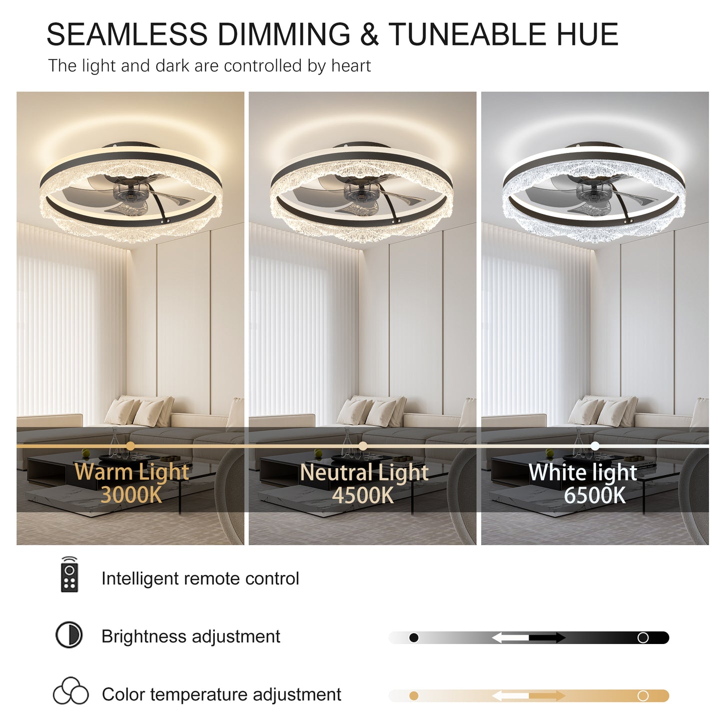 20 Smart Silent Ceiling Fan With Light  Crystal Flush Mount LED Fan Lamp With Hidden Blades And Natural Airflow System, Designed For Bedroom, Kids' Room And Study