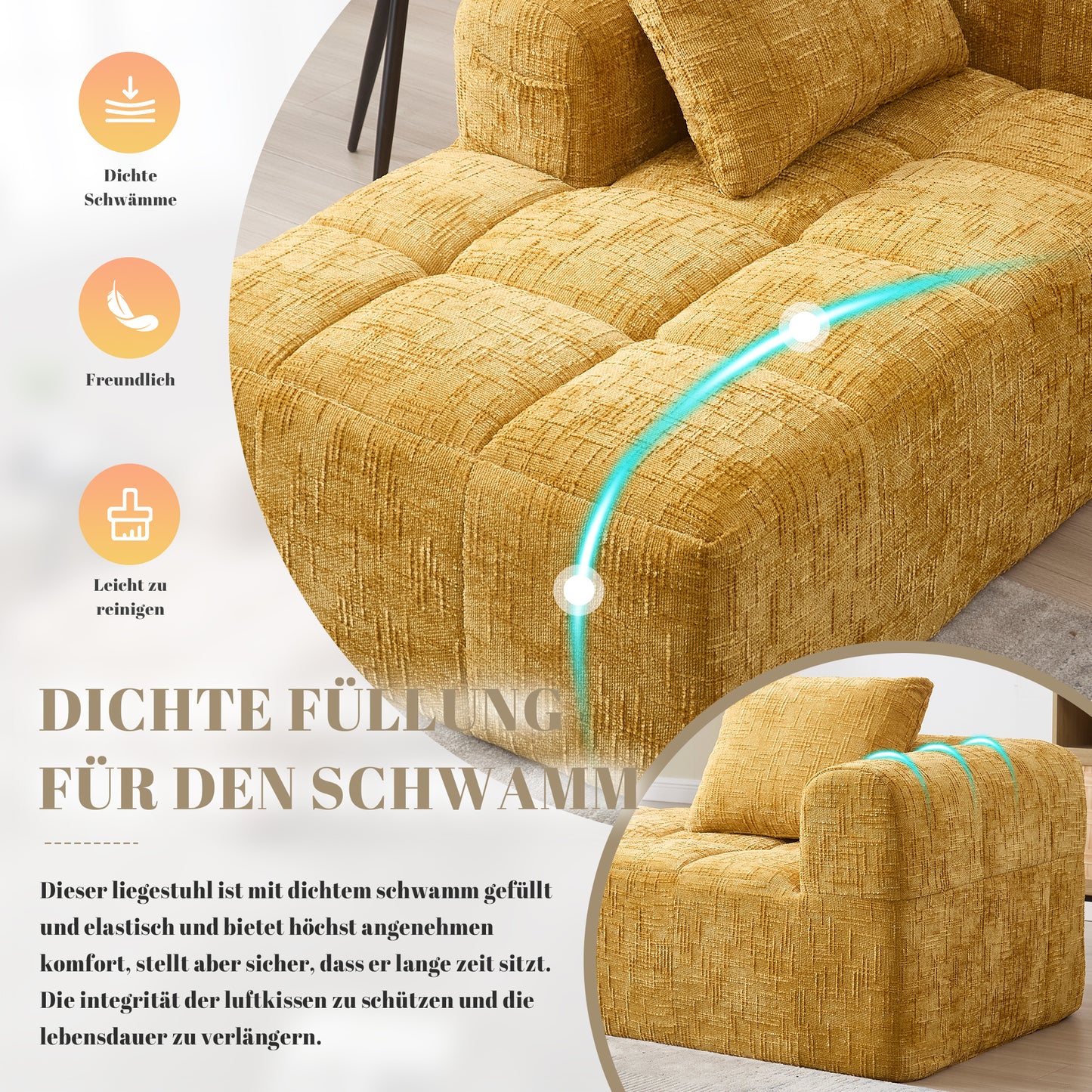 Comfortable Chaise Longue Sofa, No Assembly Required, Soft Sofa With Cushions, Side Pockets For Remote Control And Mobile Phone, Neat And Stylish, Yellow