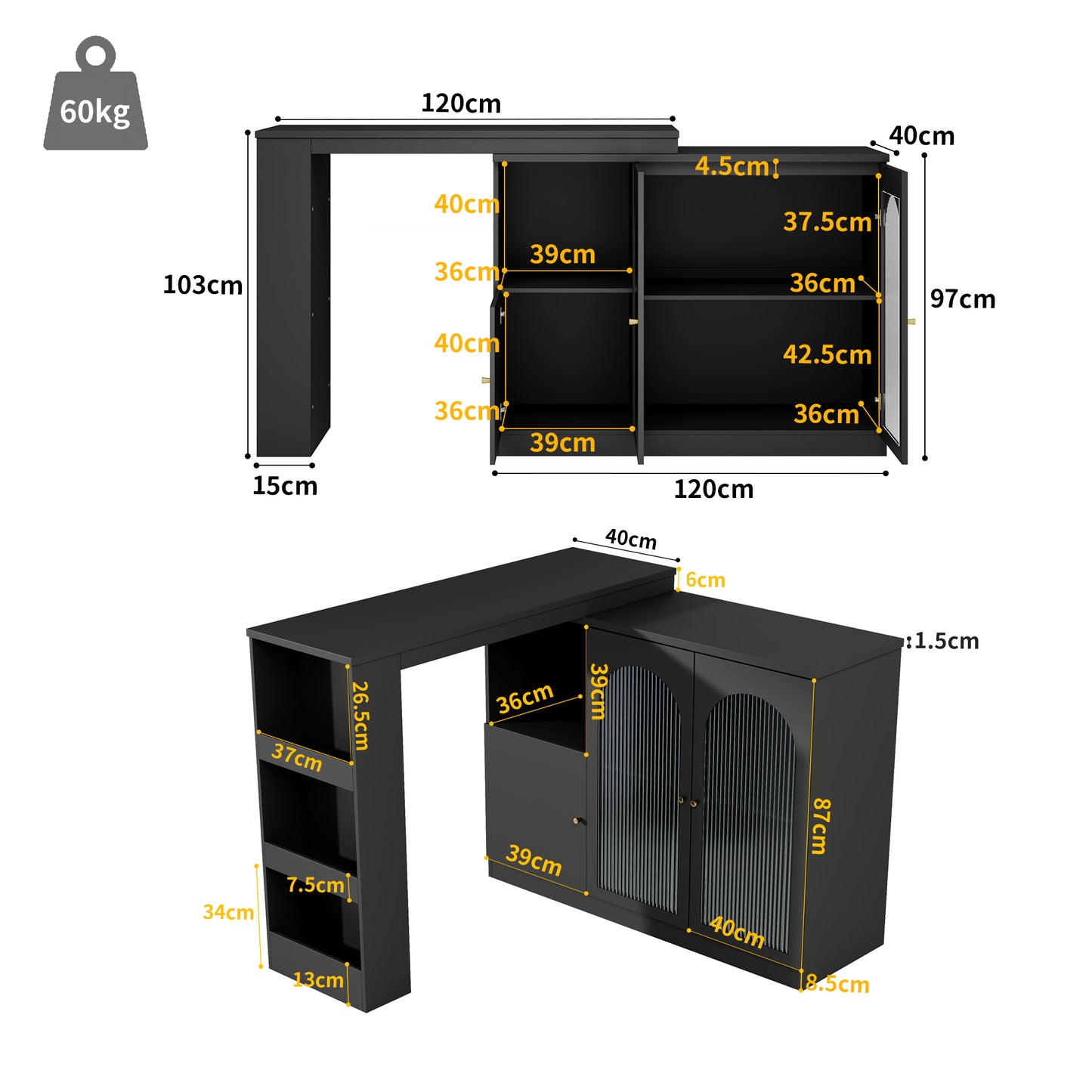 360 Rotating Bar Table  Main Body 120 X 40 X 97 Cm, Modern And Simple Black Rotating Dining And Bar Cabinet, Multifunctional Storage Cabinet With Glass Door