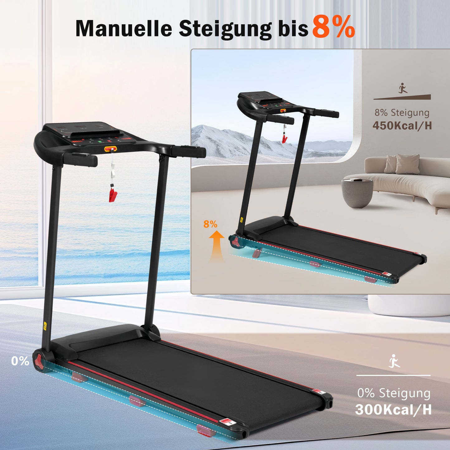 Treadmill For Home, Treadmill Foldable With Incline 8 , Treadmills Quiet Up To 14km H With Large Running Surface, 3.0 HP Treadmill For Home With LED Display & Bluetooth, Max Load 120KG