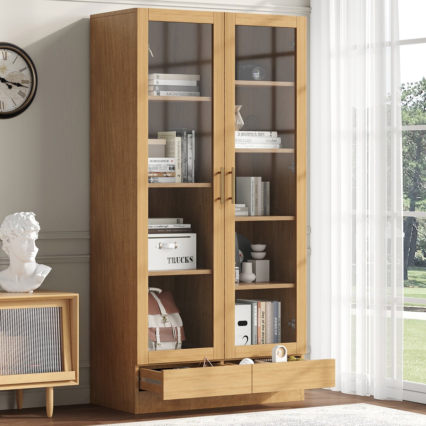 Glass Display Case  Office Cabinet Bookcase Filing Cabinet Storage Shelf  Offset Non-Adjustable Shelves, Handleless Push-To-Open Drawers, 80x40x160cm, Wood Color