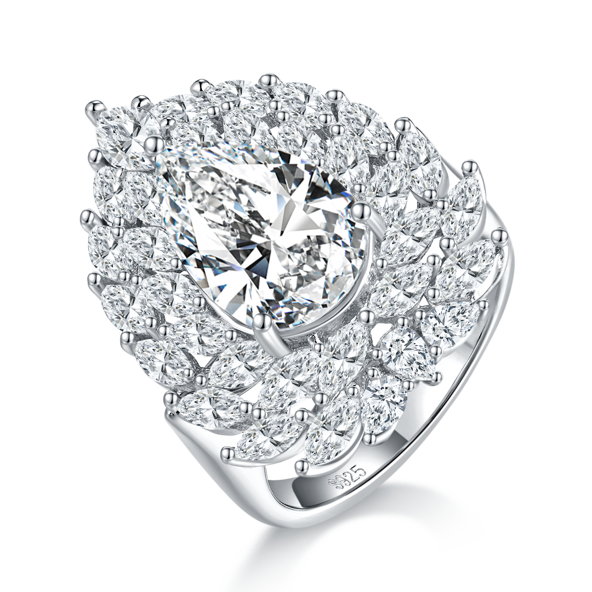 S925 Sterling Silver 4ct Pear Moissanite Ring, D-VVS1 Double Halo Setting, Platinum Plated 8.9g US Sizes 5-9, GRA Certified Gift Box