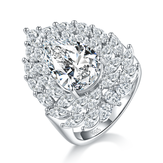 S925 Sterling Silver 4ct Pear Moissanite Ring, D-VVS1 Double Halo Setting, Platinum Plated 8.9g US Sizes 5-9, GRA Certified Gift Box