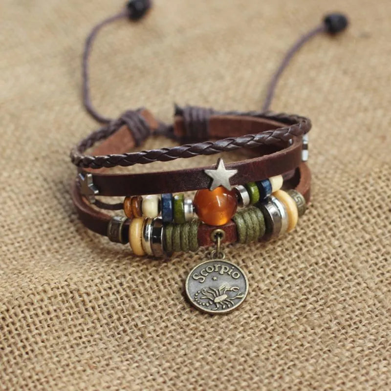 1pcs Multi-Layer Braided Leather Wooden Bead Star Zodiac Charm Adjustable Bracelet, Retro Boho Ethnic Style, For Men Women Daily Campus Travel & Constellation Holiday Gifts