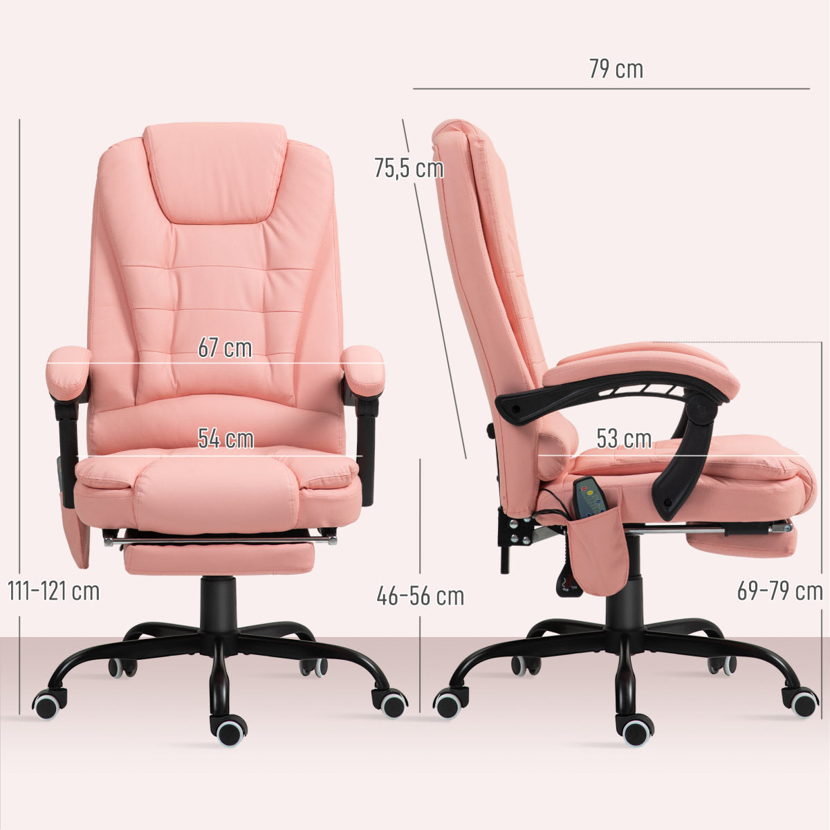 Massage-Bürostuhl, 7 Vibrationspunkte, Verstellbare Fußstütze & Lehne, Bis 120 Kg, Lederoptik, Rosa