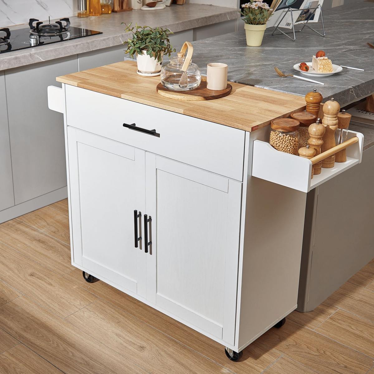Kitchen Island Cart With Solid Wood Top, Mobile Carts With Storage Cabinet, Rolling Kitchen Table With Spice Rack, Towel Rack, Drop Leaf And Drawer, Portable Islands On Wheels, White