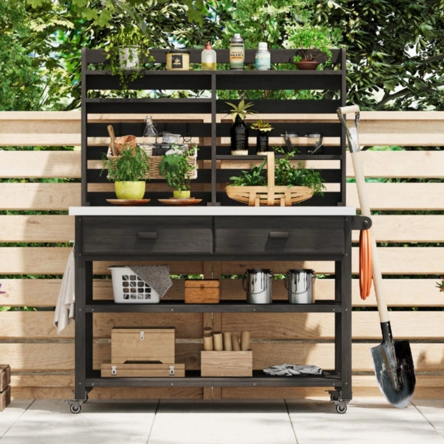 K&K 64.9 H Outdoor Potting Bench Table With Lockable Wheels, Solid Wood Outdoor Kitchen Island With Upper Hutch, Stainless Steel Top, Towel Rack ,Outdoor Storage For Grilling, Lawn Garden  Black