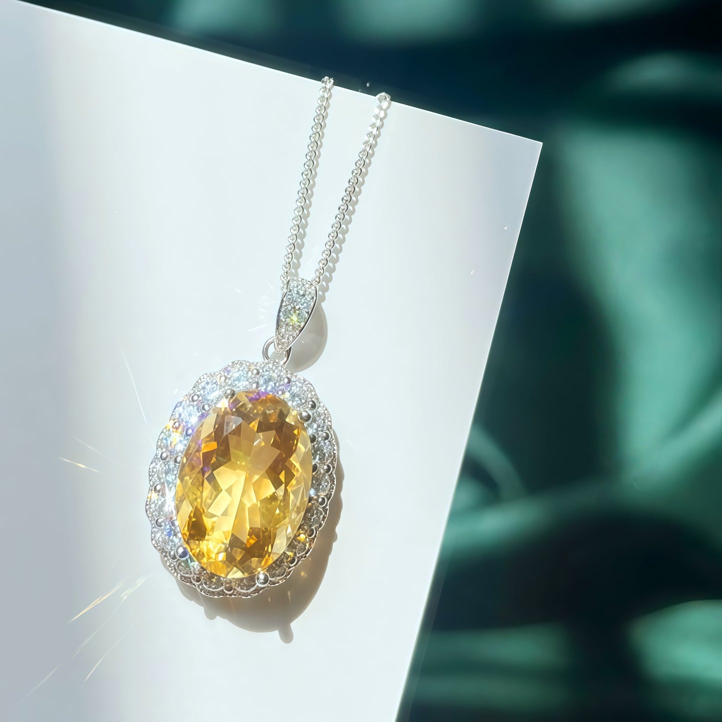 Oval Cut Yellow Citrine CZ Halo Pendant Necklace For Women, Copper Plated Silver Full Pave White Cubic Zirconia Vintage Wedding Bridal Statement Jewelry Gift