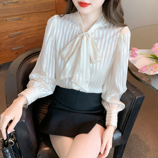 Korean-style Striped Long-sleeve Chiffon Blouse For Women
