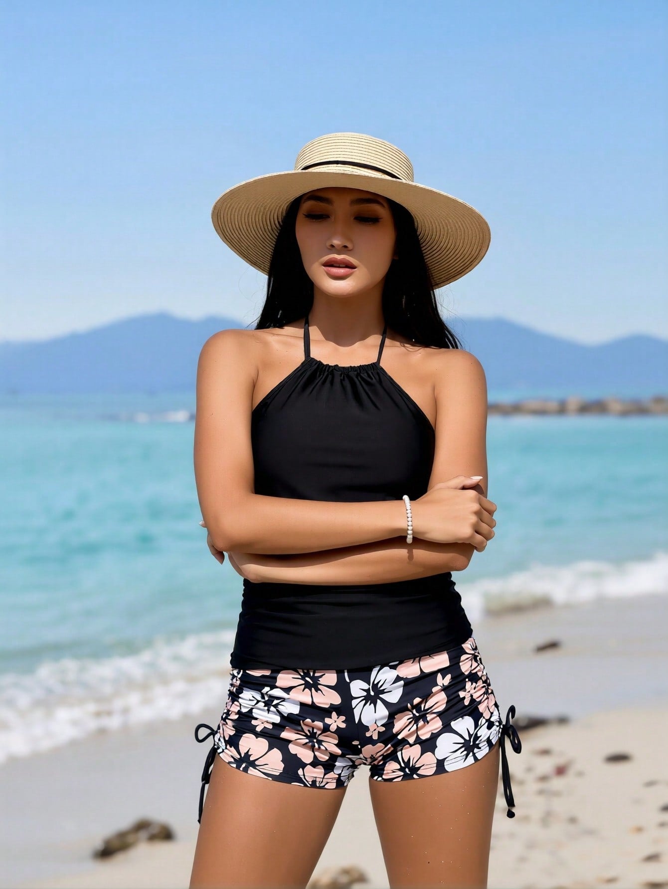 2026 New Fashion Swimsuit Women's Black Halter Tankini Top With Floral Print Drawstring Boyshort Bottom Set For Beach Vacation, Slim & Tummy Control