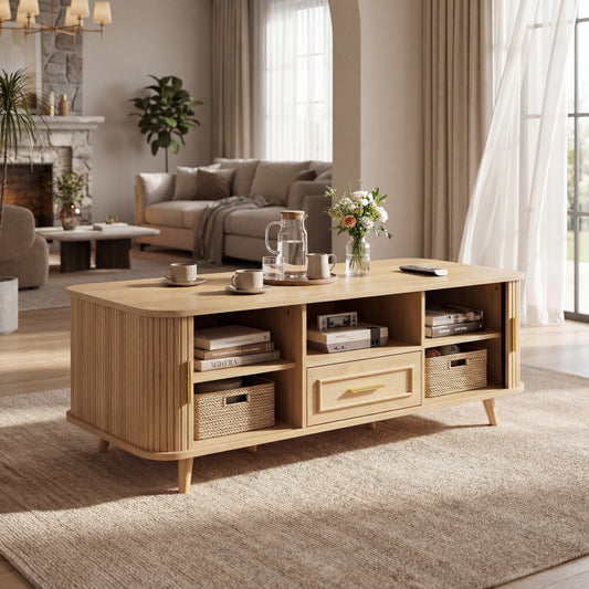 Mid-Century Modern Coffee Table With Storage Natural Wood Finish, 2 Doors & 1 Drawer, For Living Room, Entertainment Center, Home Theater