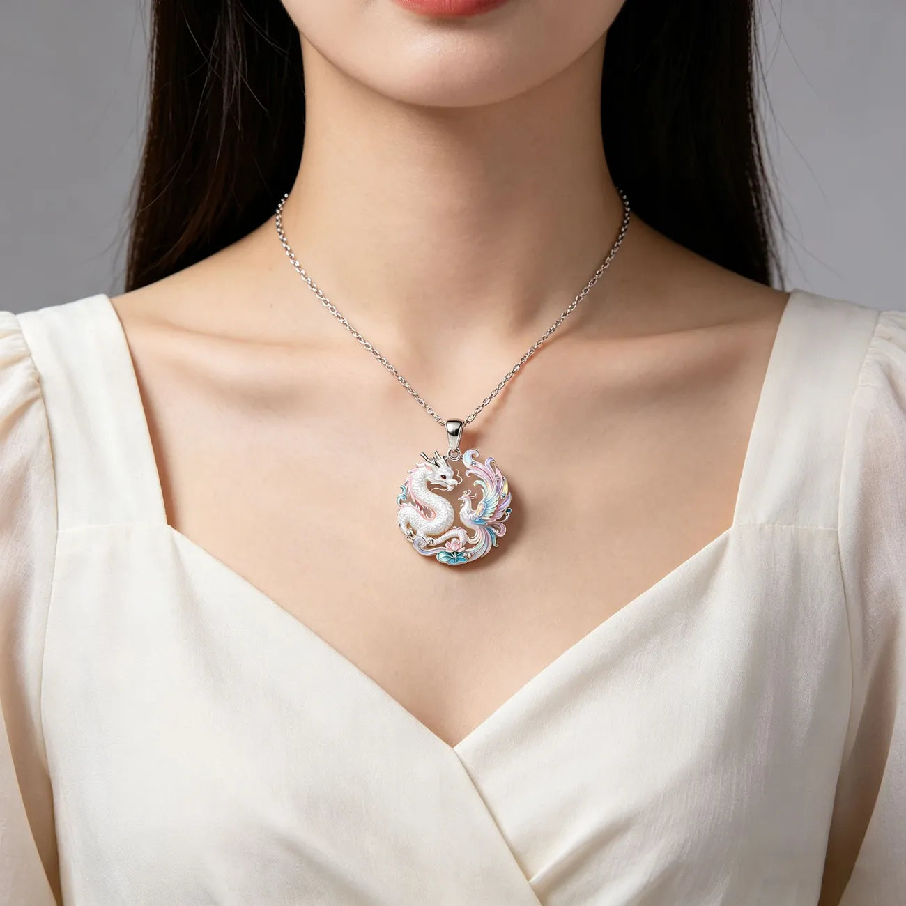1pcs Gradient Enamel Hollow Dragon Phoenix Lotus Pendant Necklace, Elegant Oriental Style, For Daily Wedding Wear & Couple Lucky Holiday Gifts
