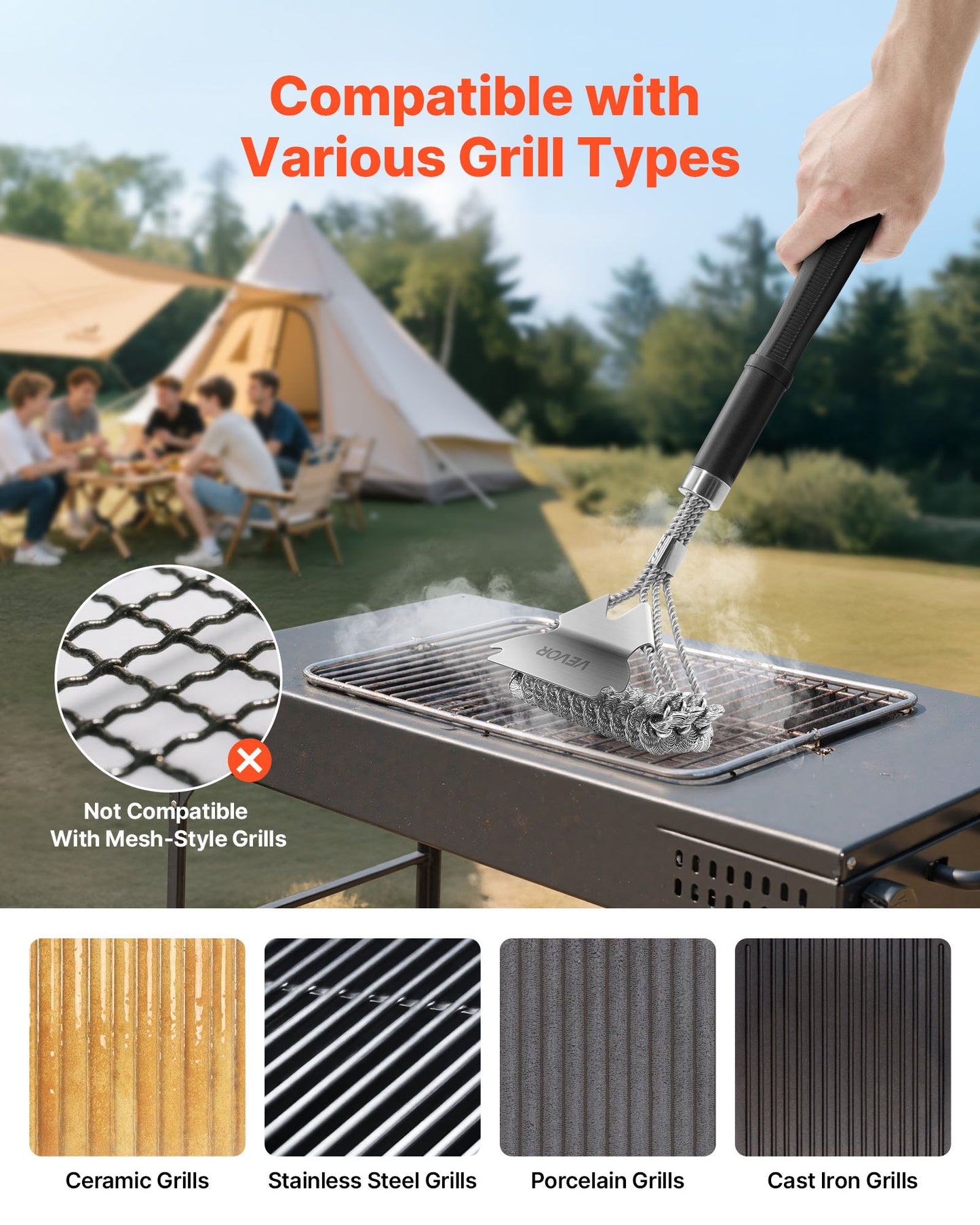 Grill Brush And Scraper, BBQ Brush For Outdoor Grills, Stainless Steel Woven Wire, Bristle Free Barbecue Brushes For Porcelain, Charcoal, Grate Cleaner Grill Accessories, 17 In