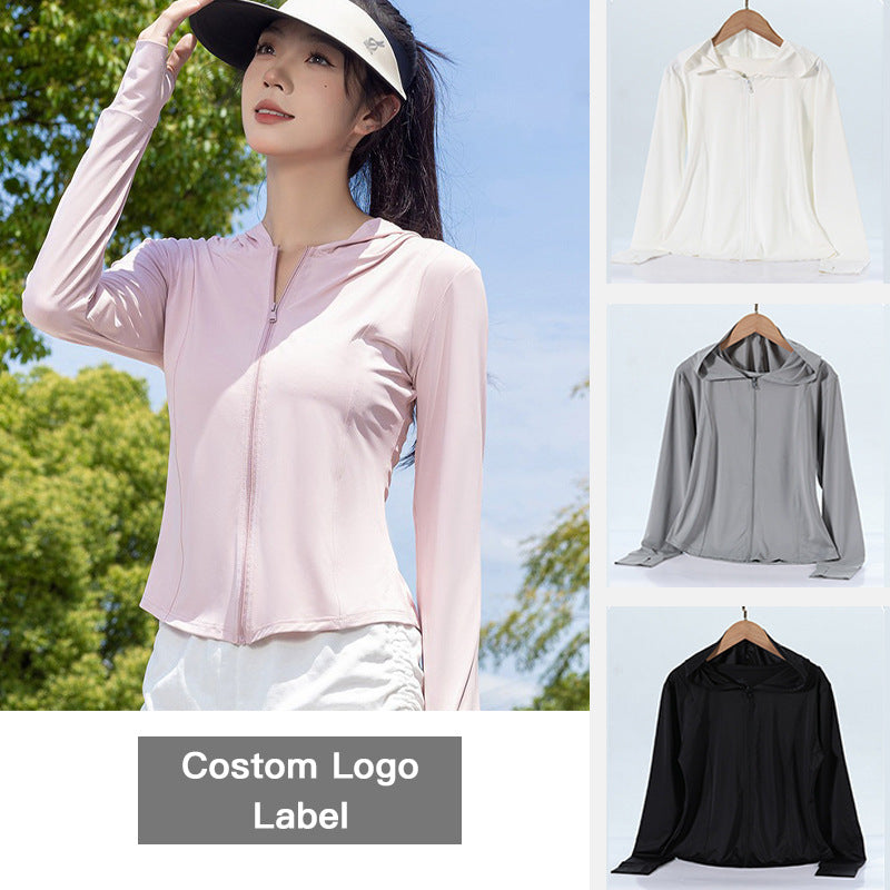 Women's Ice Silk Cool Yoga Sun Protection Clothing Slim-fit Waist Breathable Outdoor Hooded Jacket Top