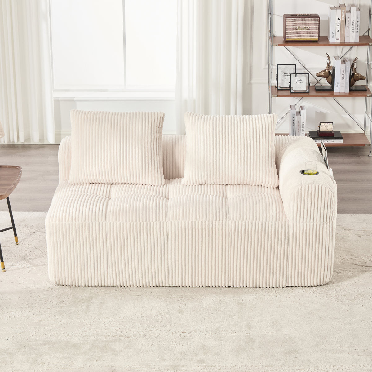 Cozy Corduroy Fabric Two-Seater Sofa  Without Assembly, Soft Back Cushions, Side Storage Pocket For Remote Control And Mobile Phone, Integrated Cup Holder  Neat And Aesthetic.