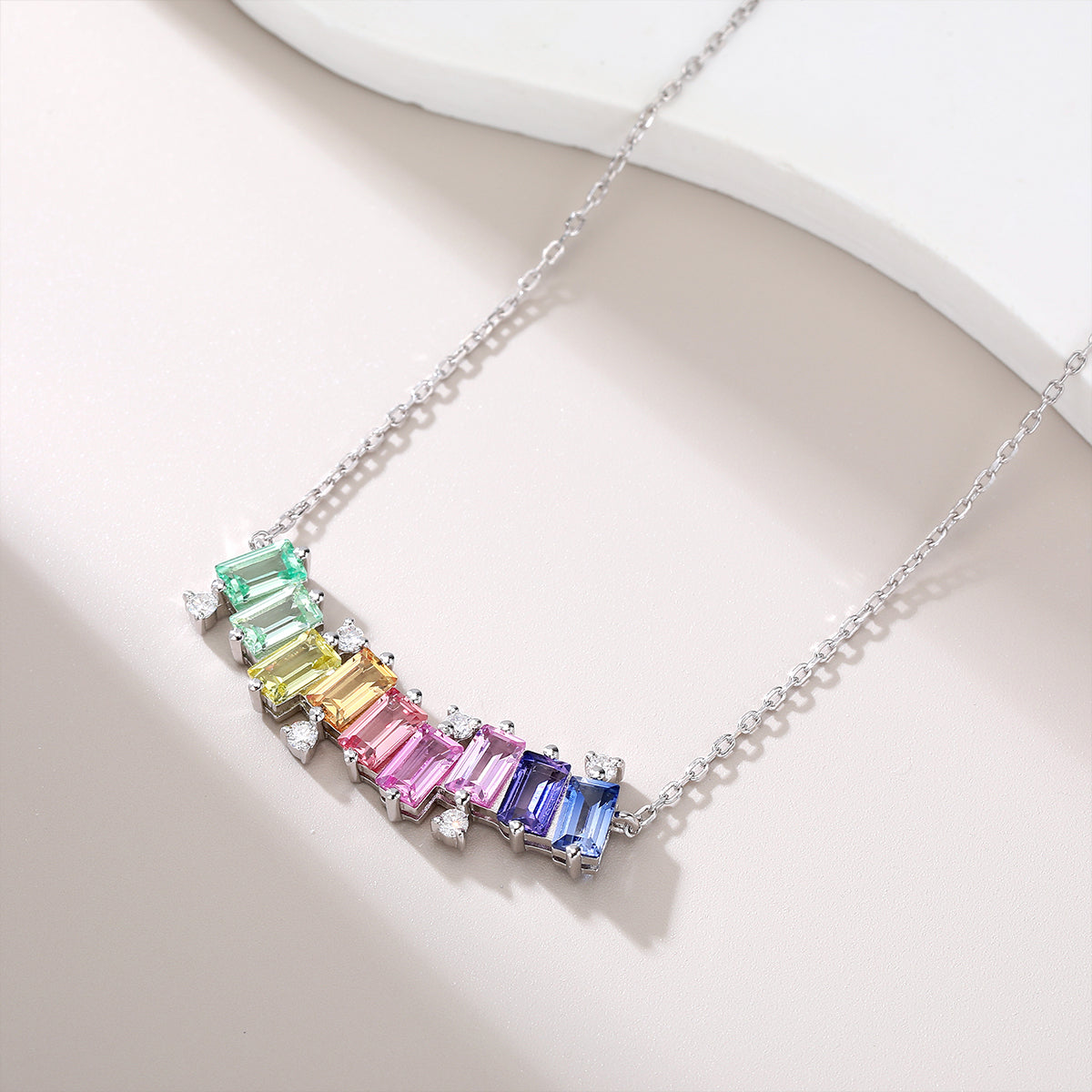 S925 Sterling Silver Rectangle Rainbow Lab-Grown Gemstone Necklace 45cm Platinum Plated With D Color VVS1 Moissanite GRA Certified Gift Box