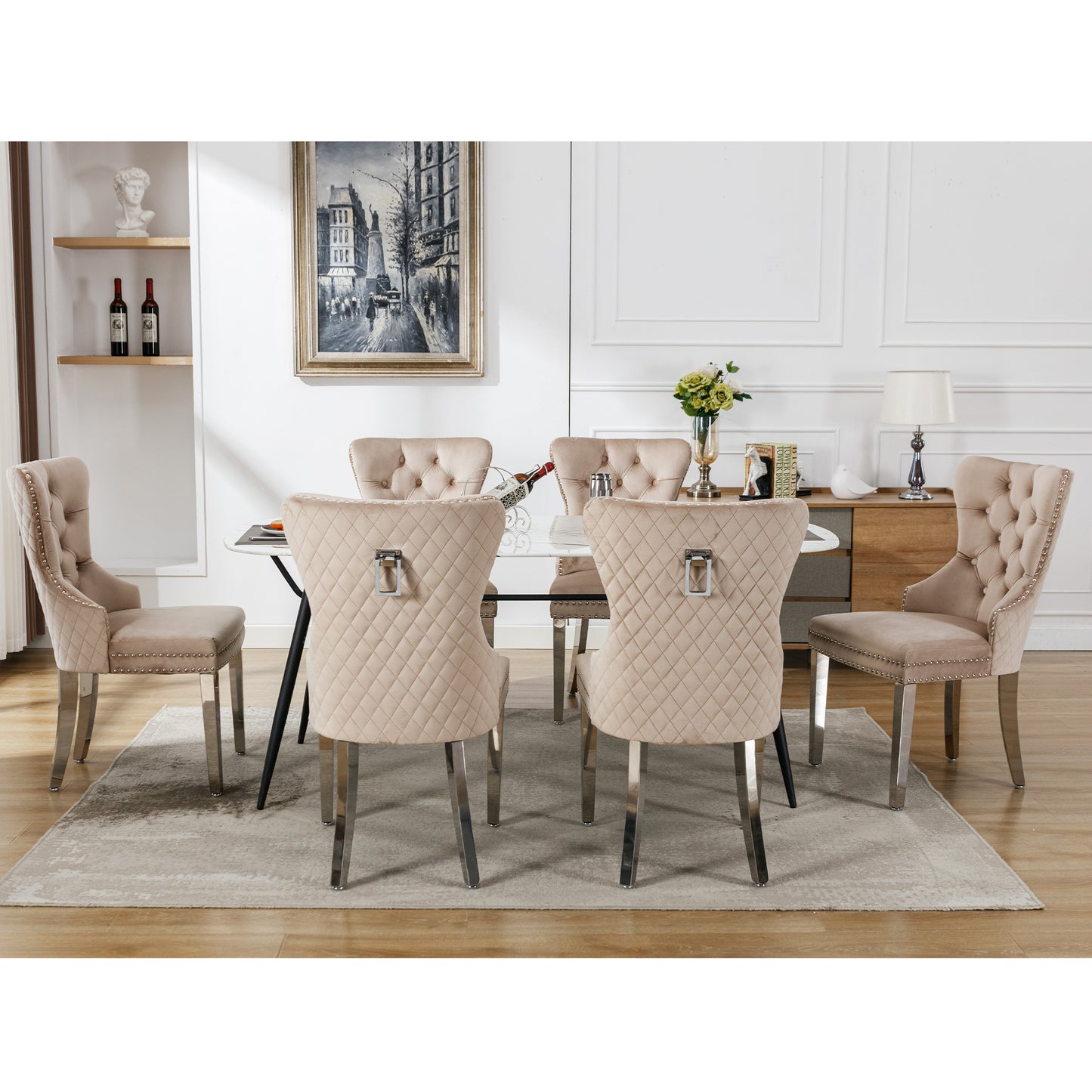 Dining Chair  Kitchen Chair Living Room Chair With Unique Doorknob On The Back, 6 Pcs , Upholstered Chair With Nail Head Set,Metal Support Legs, Velvet Cover,Beige