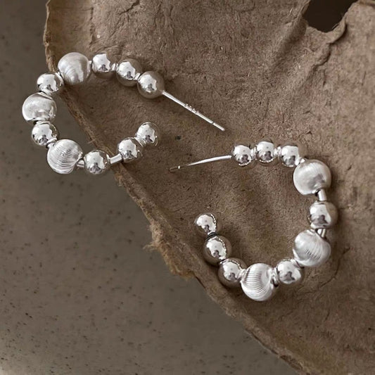 1 Pair 999 Sterling Silver Brushed Gradient Bead C Hoop Earrings, Minimalist Sweet Style, Perfect For Daily Wear & Valentine's Gifts