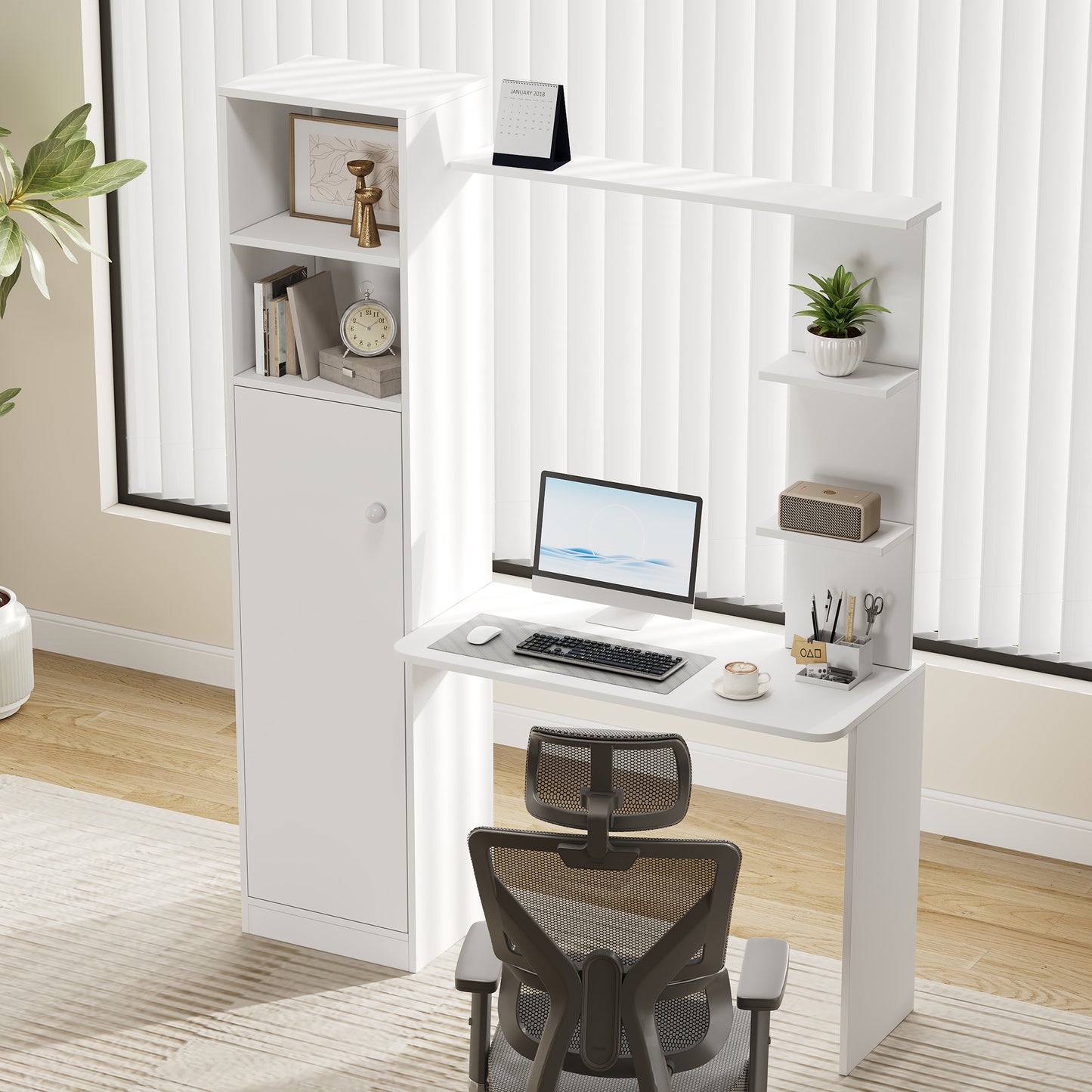 Office Desk, With Cabinet And Storage Shelf, Modern Office Design, 123,5 X 45 X 168,5 Cm, White