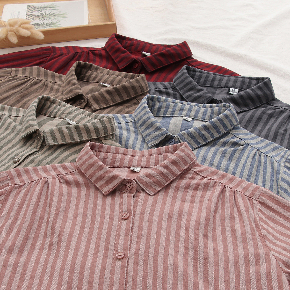 Korean-style Striped Cotton-linen Single-breasted Long-sleeve Shirt For Women