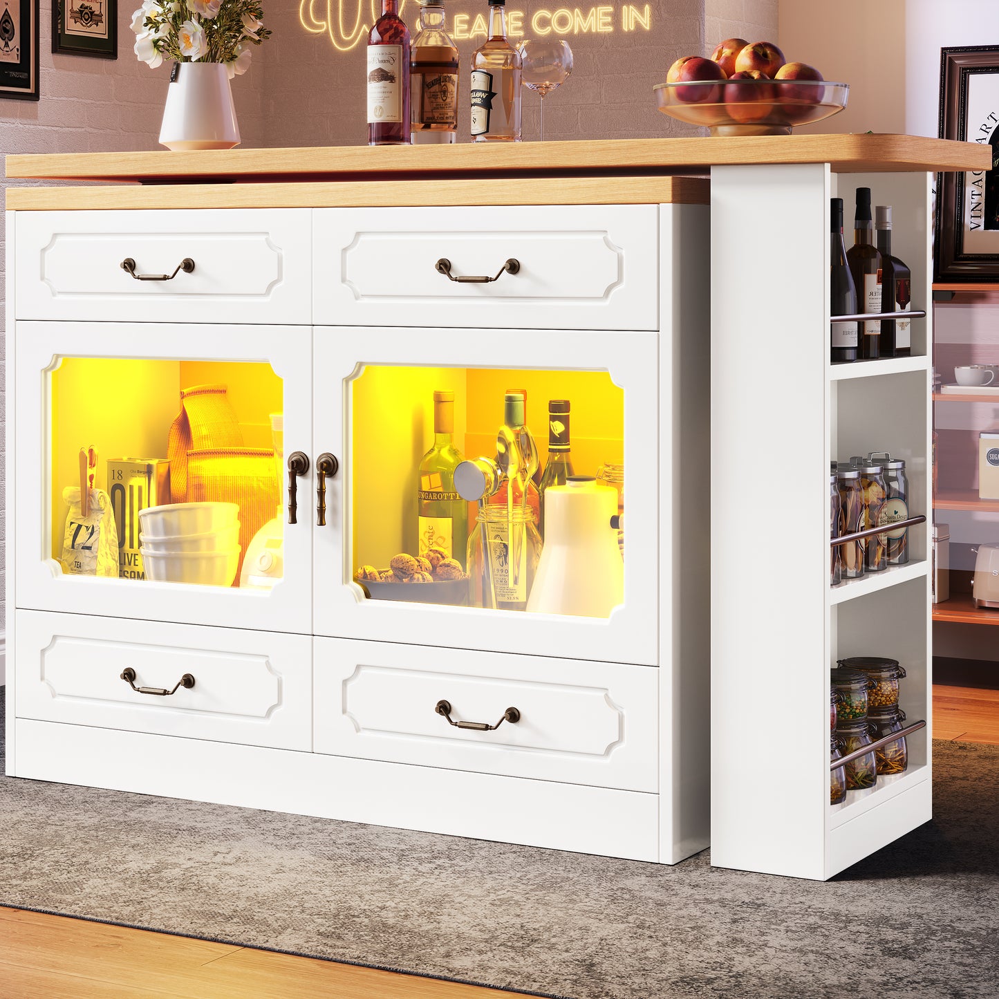 360 Rotating Kitchen Island Bar Table With App Controlled LED Lights, Buffet Sideboard With 4 Drawers & Glass Cabinet, Multifunctional Dining Work Desk For Living Room & Kitchen