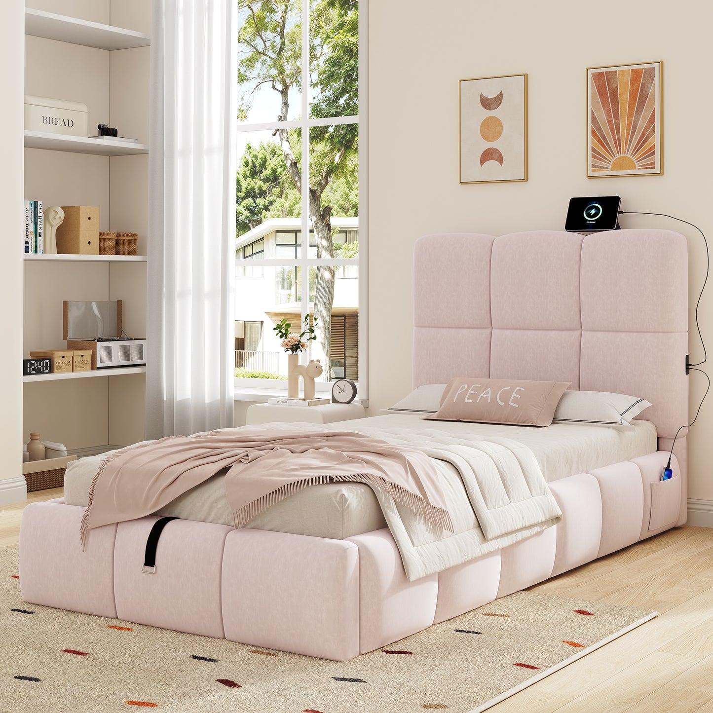Upholstered Bed, Single Bed, Cot 90 X 200cm, Hydraulic Functional Bed, Bed With Slatted Base, Headboard, Large Storage Space And USB Charging Port, Upholstered Headboard, Velvet, Pink