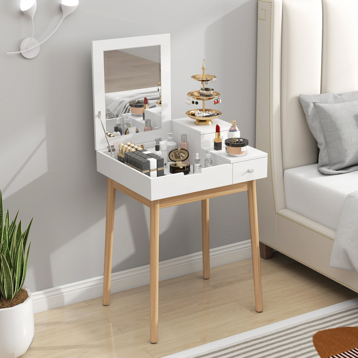Dressing Table With Flip-up Mirror, Makeup Desk With 2 Drawers And Pine Wood Legs, Vanity Table Writing Desk For Bedroom Living Room, White