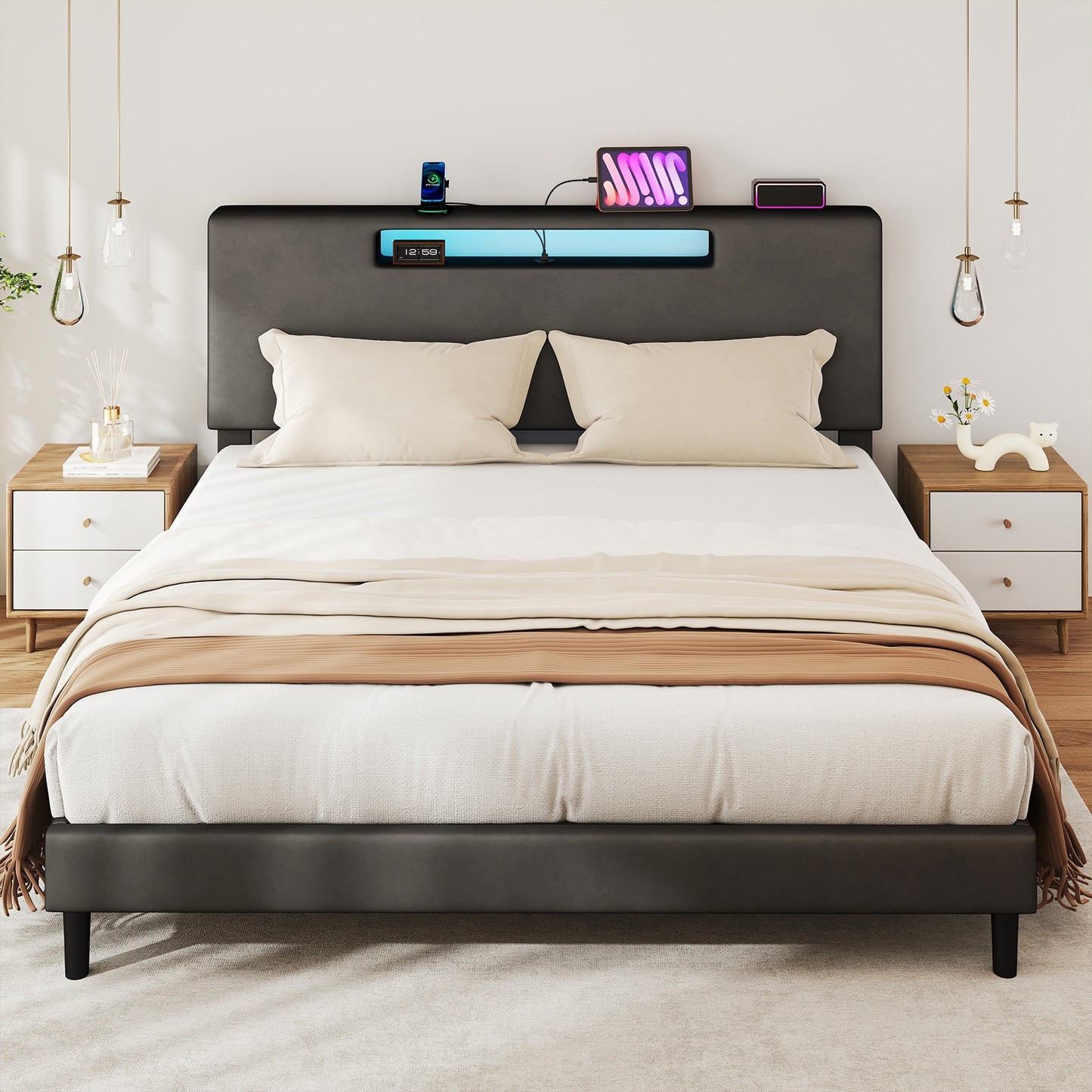 King Size Bed Frame With Charging Station And Adjustable LED Light Wood Slat Support Bed Frame With Upholstered Headboard No Box Spring Needed Easy Assembly