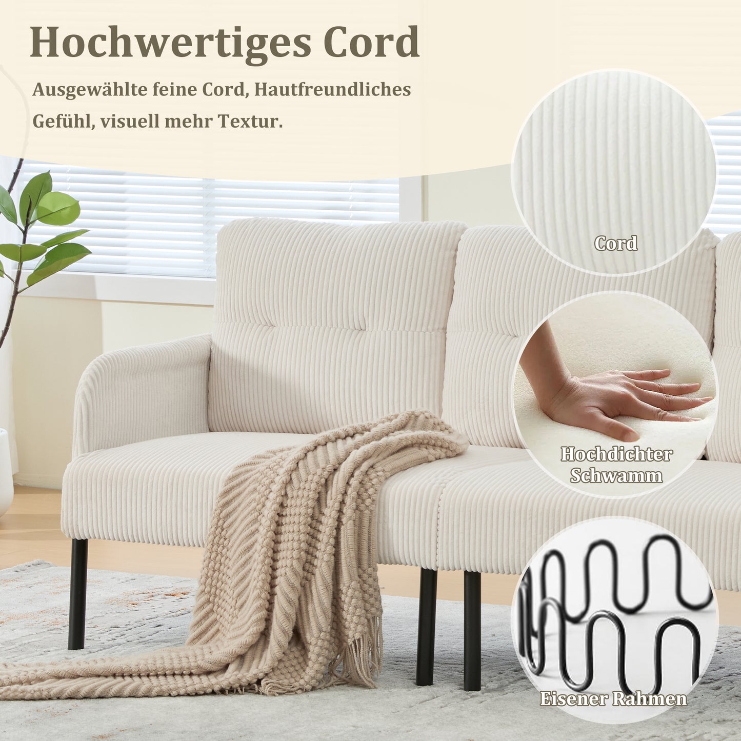 Corduroy Three-seater With Soft Comfort Upholstery, High Backrest And Practical Side Pockets. Sturdy Metal Feet And Sturdy Construction. Versatile For Living Room, Bedroom Or Home Office.