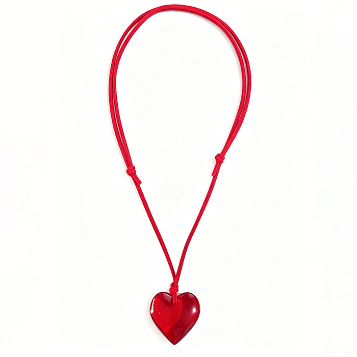 Y2K Puffy Glass Heart Pendant Necklace - Large Murano Style Heart Charm On Adjustable Cord - Cute Chunky Romantic Jewelry Gift For Women