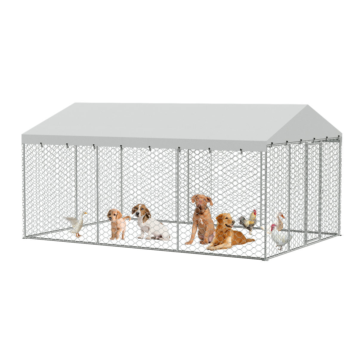 15x10 FT Large Outdoor Dog Kennel with Canopy, Heavy Duty Galvanized Steel Frame, Waterproof Cover, All-Weather Protection, Escape-Proof Lockable Pet Playpen for Large Dogs, Multiple Animals.