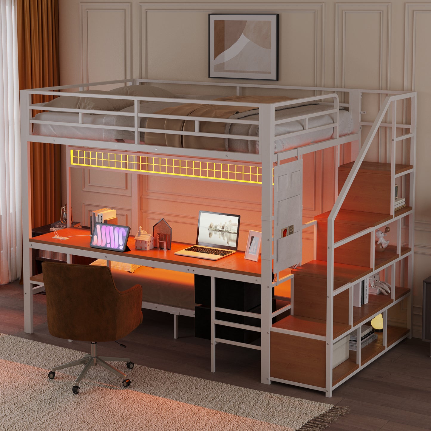 Metal Loft Bed,Multifunctional Bed With Desk,LED,With Sockets,Open Storage And Fabric Drawer Top Bed 140X200,and Underbed 90X200,White