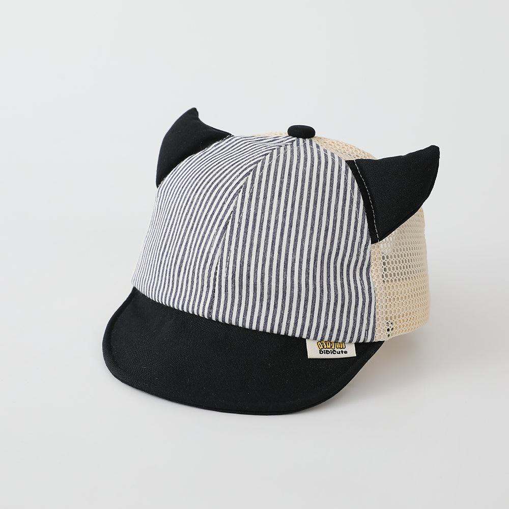 Children's Vertical Stripe Demon Horn Mesh Baseball Cap For Outdoor Picnics, Family Outings, Soft Brim, Sun Protection, Baby Hat