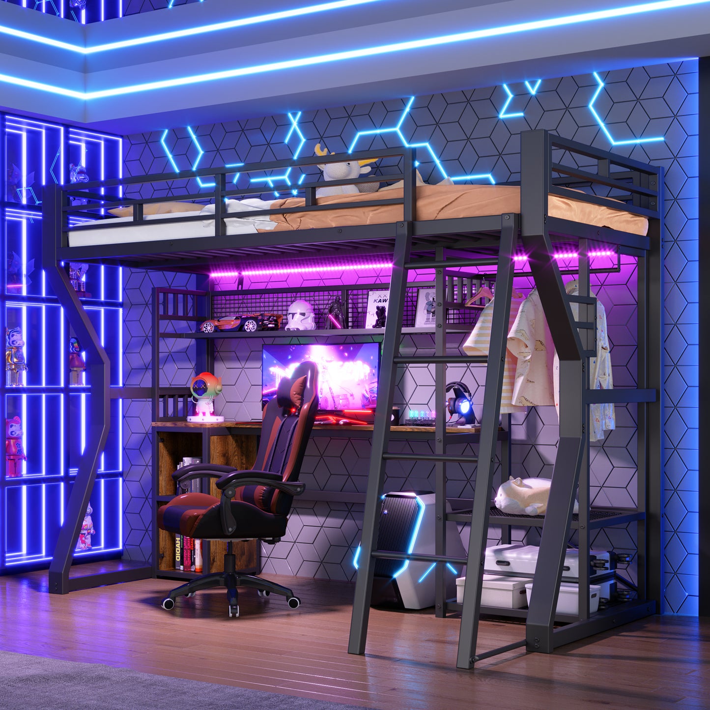 Loft Bed, 90 X 200 Cm, Iron Frame, With Light Strip, Socket, Clothes Hanging Area, Desk, Storage Compartments, Shelves, Open Space Under The Bed, Without Mattress, Black