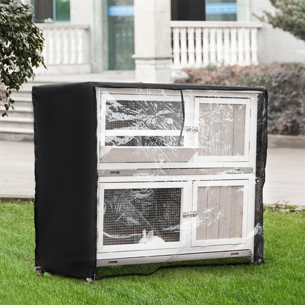 PawHut Wooden Pet Hutch, Two-Tier Cage With Rain Cover, Wheels, White