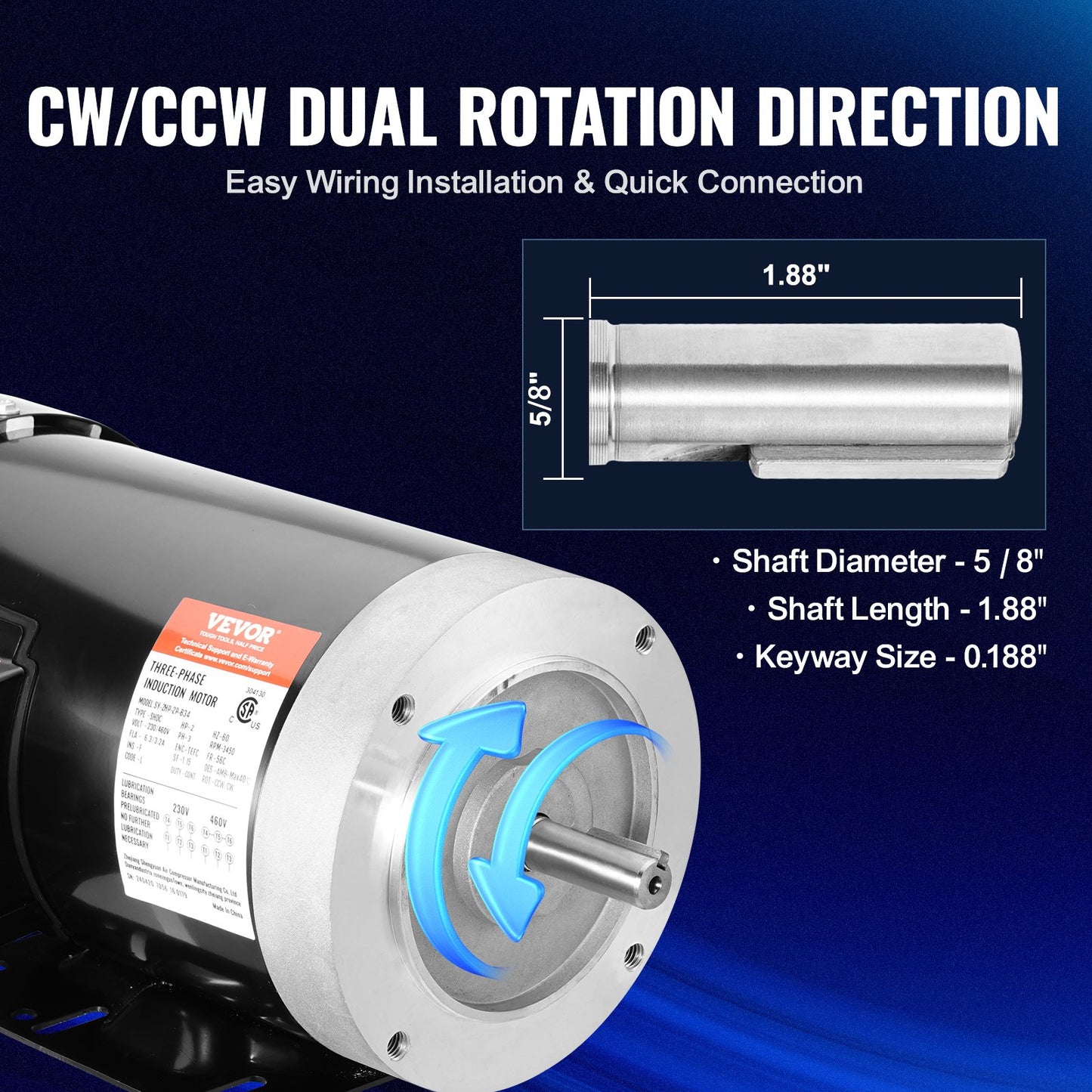2HP Electric Motor 3450 Rpm, AC 230V/460V, 56C Frame, Air Compressor Motor 3-Phase, 5/8' Keyed Shaft, CW/CCW Rotation For Agricultural Machinery And General Equipment