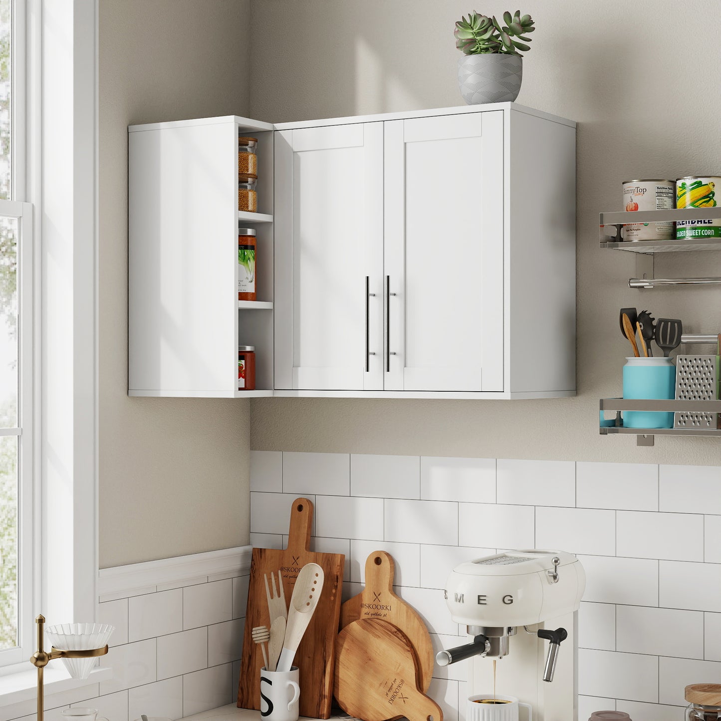 L Shape Wall Mounted Kitchen Sideboard Cabinet With 2 Door, 3 Layers Shelves, Storage Buffet Cabinet For Bathroom, Dining Rooms