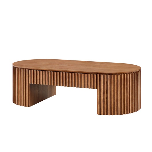 51.18   Oval Wood Coffee Table With Drawer  Mid Century Modern Coffee Table Unique Coffee Table For Living Room Furniture, Tea Table Brown