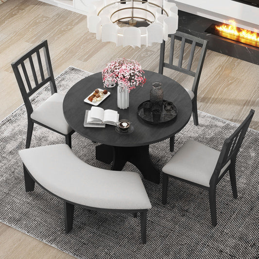 TREXM 5-piece Rustic Charm Round Dining Set With 3 Upholstered Chairs And Curved Bench For Dining Room  Kitchen And Living Room  Gray