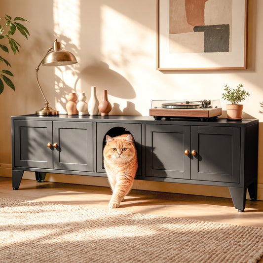 58  Metal Cat Litter Box Enclosure, Hidden Litter Box Furniture For 2 Cats, Large Indoor Cat House TV Stand Cabinet With Ventilation & 2 Compartments, Black Modern Pet Washroom With Adjustable Legs