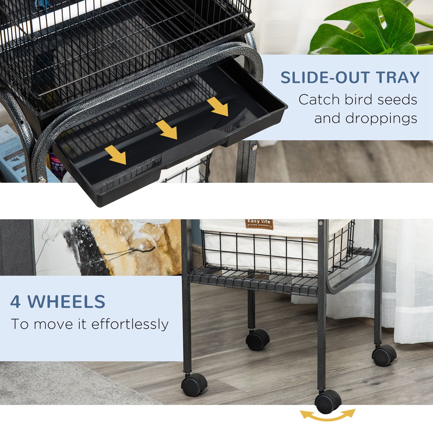 45-inch Metal Indoor Bird Cage, Parrot Cage, Bird Aviary with Detachable Rolling Stand, Storage Basket, and Accessories - Black
