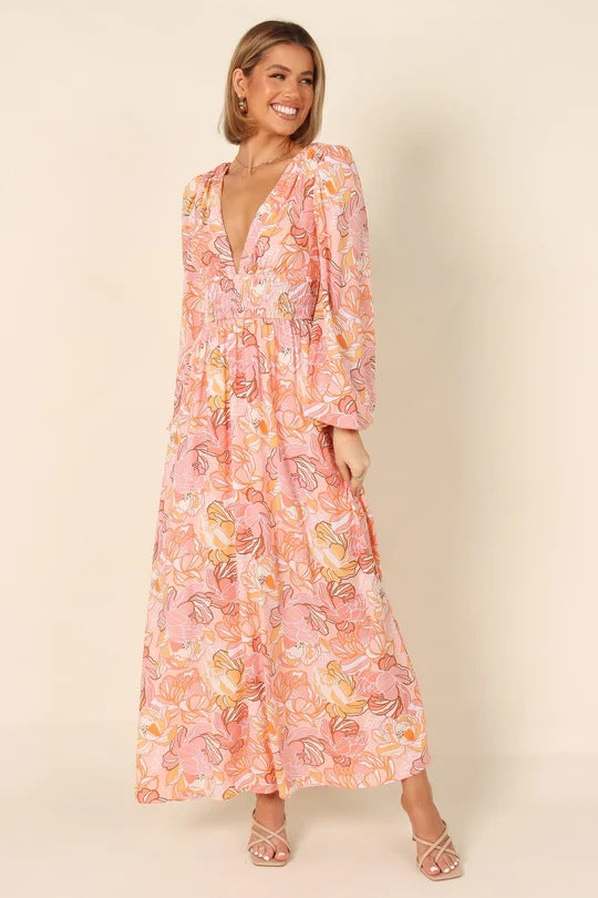 Printed Backless Deep-V Sexy Best-selling Long-sleeve Dress