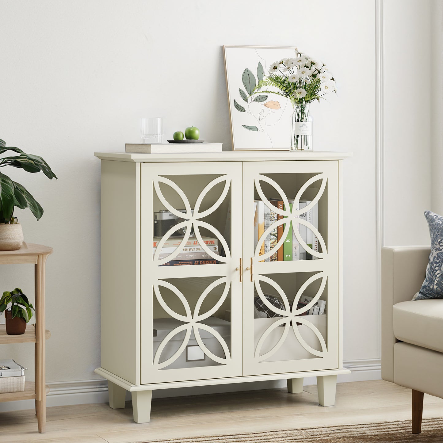 Sideboard With Adjustable Shelves, Freestanding Bathroom Cabinet With Hard Glass Doors, Modern Retro Kitchen Console Table, Decorative Storage Cabinet With Two Doors, Cream