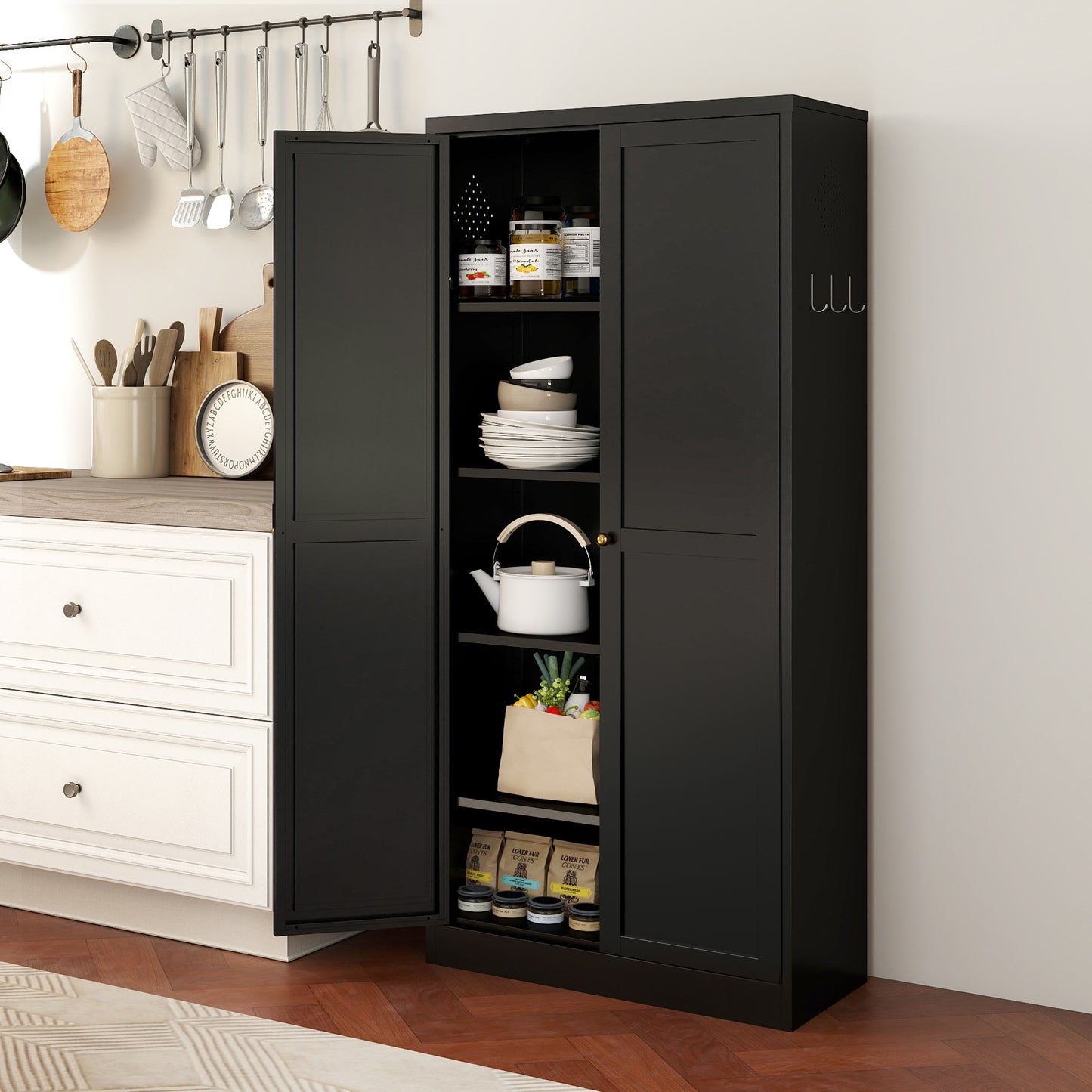 61  Black Metal Kitchen Pantry Cabinet Adjustable Storage With 4 Shelves  110lb Capacity , Heavy Duty Freestanding Pantry Organizer For Kitchen, Pantry, Living Room