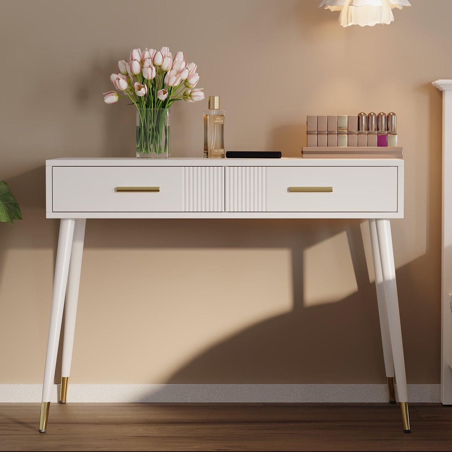 Dressing Table, Dressing Table, Desk With 2 Drawers, Metal Feet, White, Dimensions H 76 Cm XW 1 0 0 Cm XD 40 Cm Without Mirror
