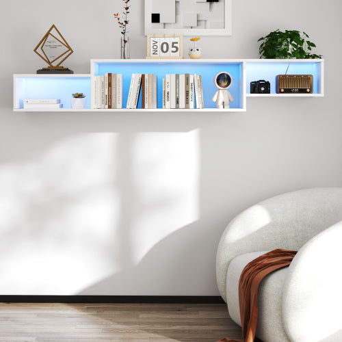65.35in Wall Mounted Floating TV Stand With 20 Color LEDs And Charging Station