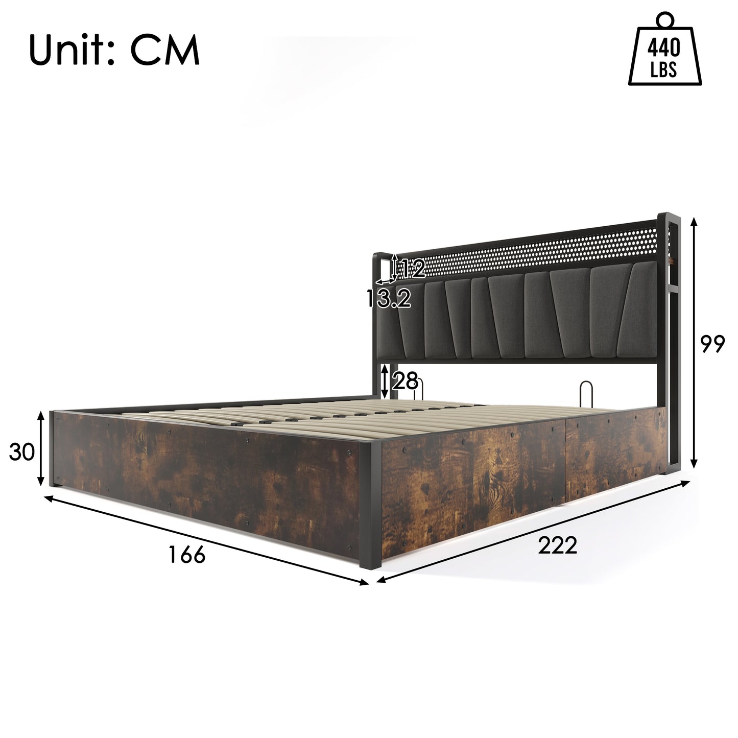 Upholstered Bed Metal Bed LED App-Control Double Bed With Charging USB Charging Headboard And LED Lighting, Metal Bed 160x200cm Wooden Slatted Frame, Grey Without Mattress